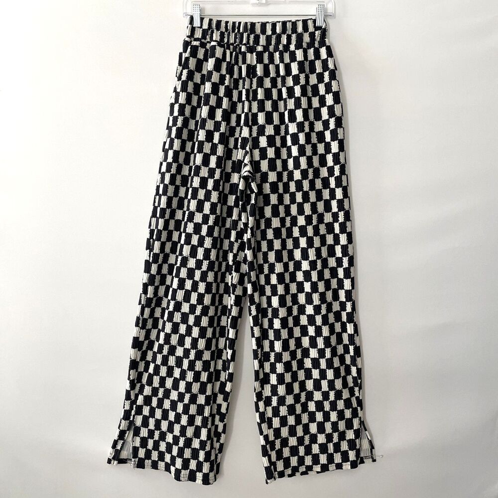 Friful Women's Wide Leg Pull On Pleated Check Pants Black White Size L